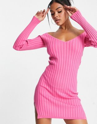 ASYOU knitted bardot off the shoulder dress in pink