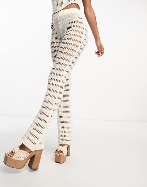 ASYOU knitted crochet flare pants in cream (part of a set) - view 1