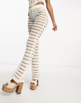 ASYOU knitted crochet flare trouser co-ord in cream