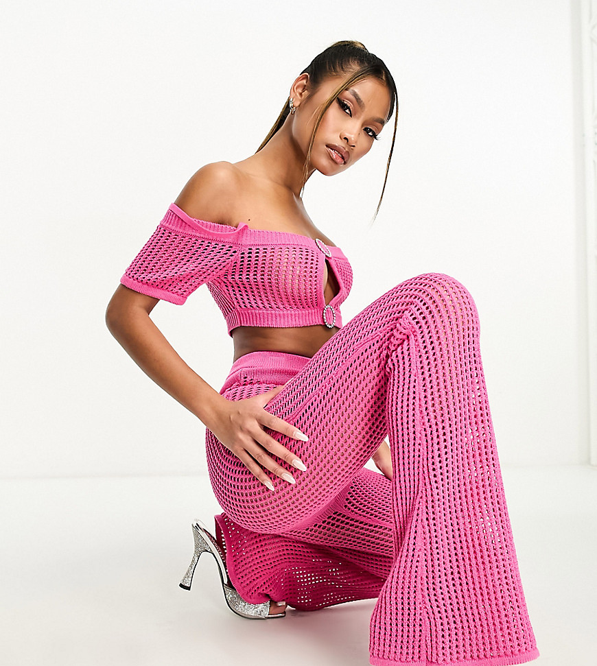 ASYOU knitted crochet flare trouser co-ord with diamante trim in pink
