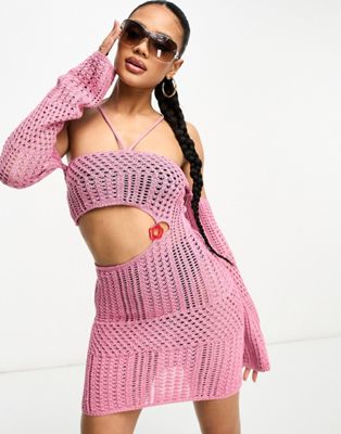 ASYOU knitted crochet mini dress with flower trim in pink - ASOS Price Checker