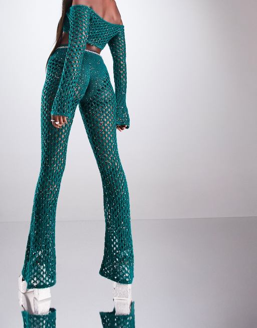 ASYOU knitted crochet sequin flare pants in emerald green (part of a set), 3 of 4