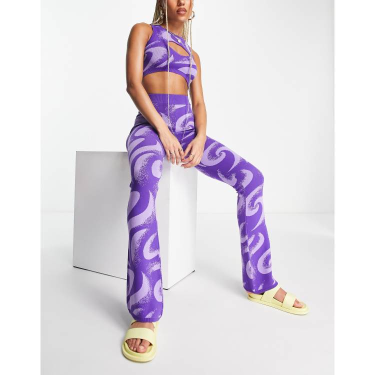 ASYOU knitted flare pants in purple swirl print - part of a set