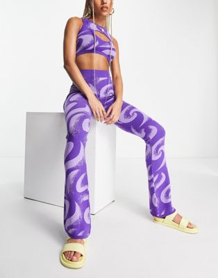 ASYOU knitted flare trouser co-ord in purple swirl print