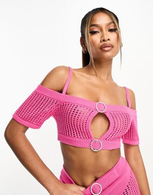 ASYOU knitted off the shoulder crochet bralet co-ord with diamante trim in pink