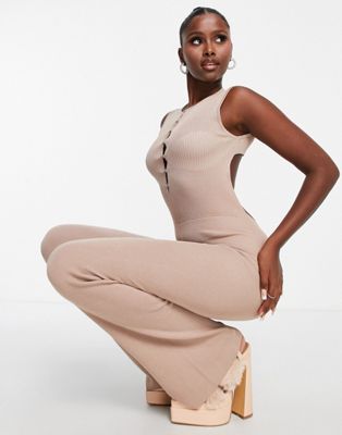 ASYOU knitted rib body sculpt jumpsuit in sand - ASOS Price Checker