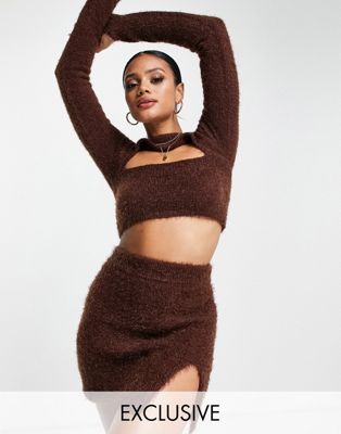 ASYOU knitted side split skirt co-ord in brown