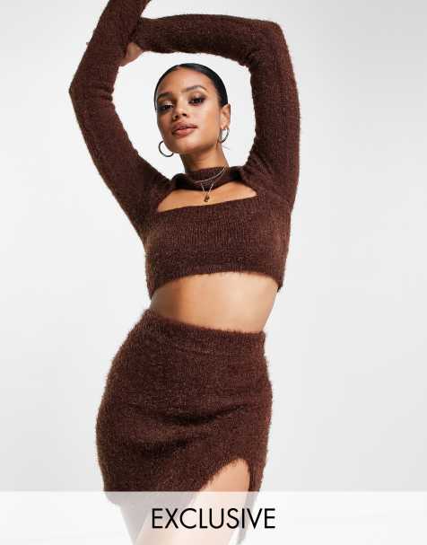 ASYOU knitted side split skirt co-ord in brown - view 1