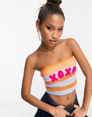 ASYOU knitted striped bandeau with slogan in multi