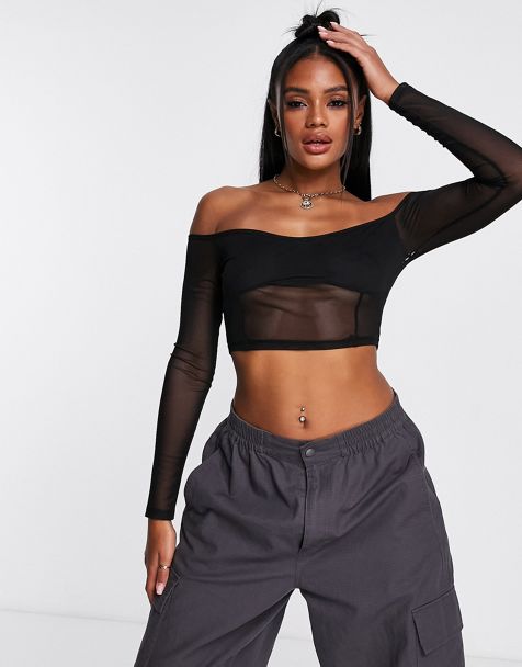 Missguided ribbed long sleeve crop top in tan