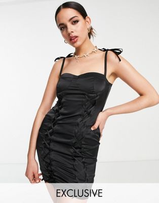 ASYOU lace up bust cup satin mini dress in black