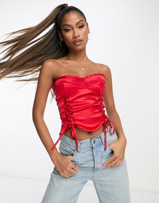 ASYOU lace up corset in red satin - ASOS Price Checker