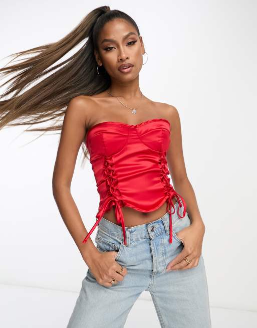 Plunge Lace Up Front Detail Utility Corset Top In Red