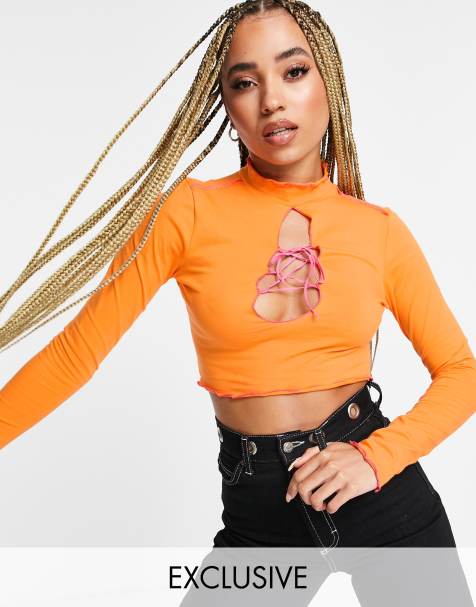 ASYOU lace-up crop top co-ord with seam detail in orange - view 1
