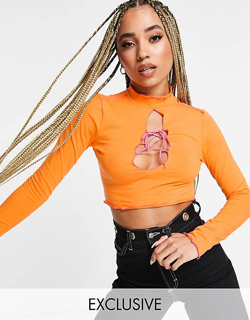 ASYOU lace up crop top co-ord with seam detail in orange
