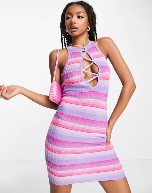 ASYOU lace up knit stripe dress in purple | ASOS