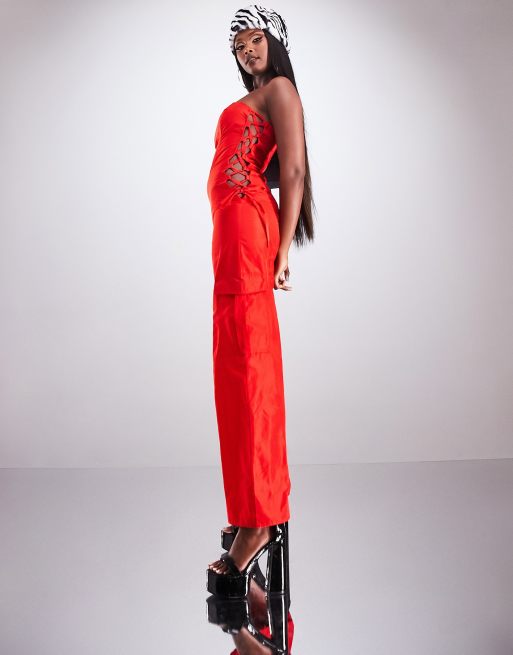ASYOU lace up nylon utility bandeau jumpsuit in red