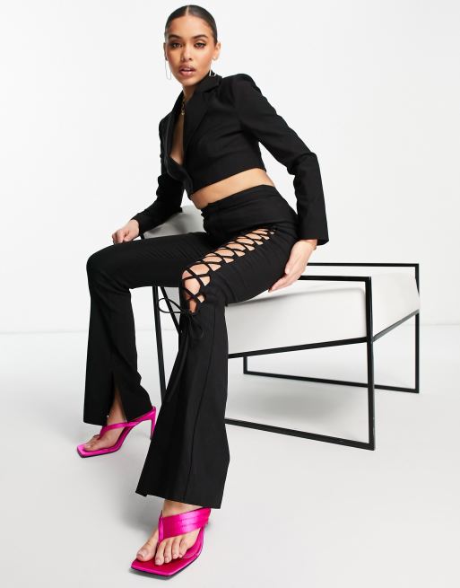 ASYOU lace up puddle tailored pants in black - part of a set