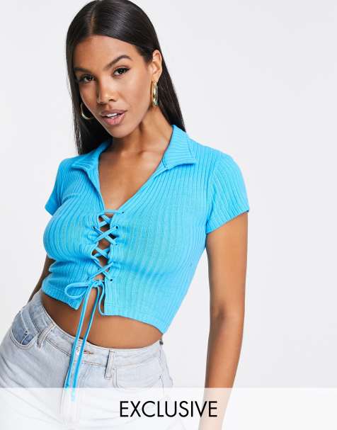 ASYOU lace up rib polo top in aqua - view 1