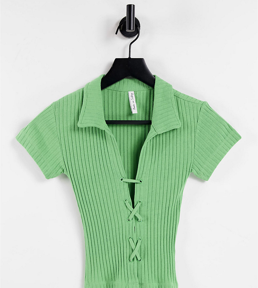 ASYOU lace up rib polo top in sage-Green