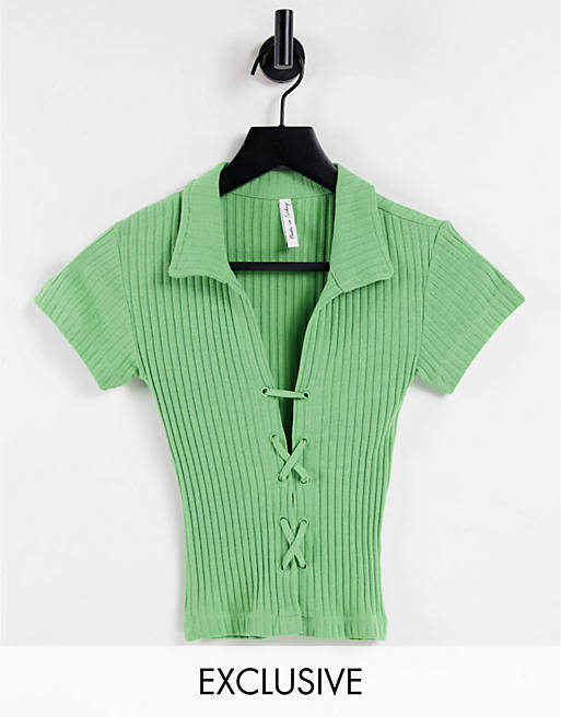 ASYOU lace up rib polo top in sage