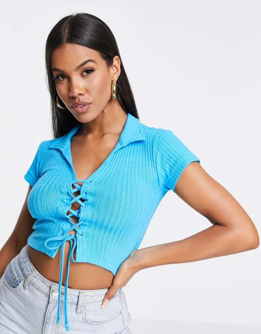 ASYOU lace-up ribbed polo top in aqua, 3 of 4