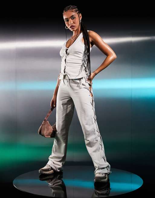 ASYOU lace up straight leg trackies in cream (part of a set)