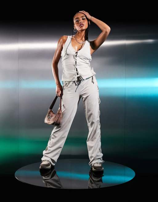 ASYOU lace up straight leg trackies in cream (part of a set), 2 of 4