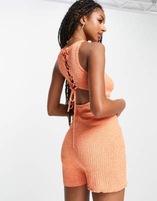 AsYou ASYOU lace up tie back knitted unitard in orange