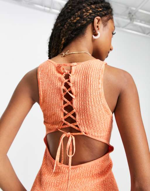 ASYOU lace up tie back knitted unitard in orange