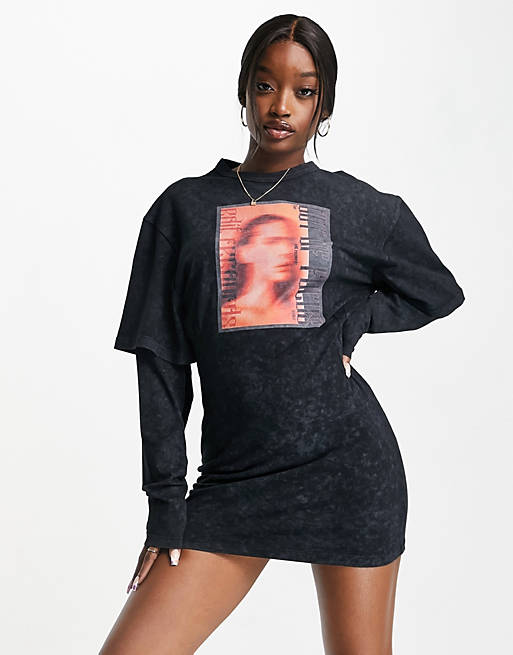 ASYOU layered T-shirt dress with focus graphic in washed black | ASOS