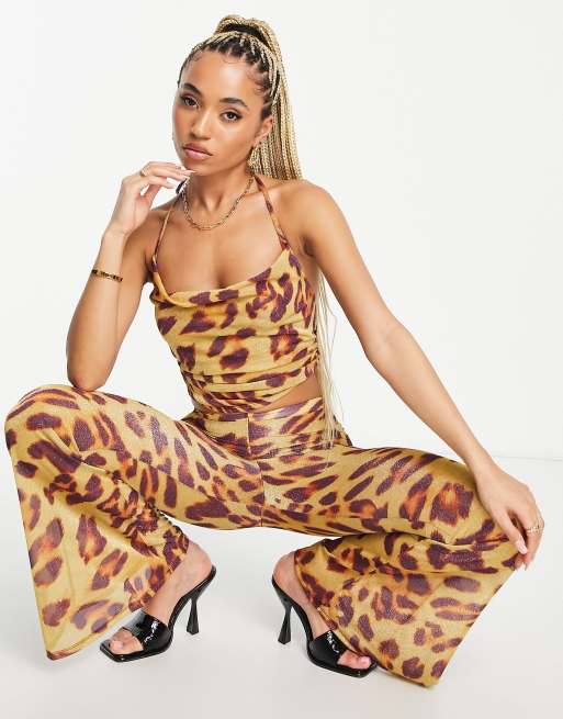 ASYOU – Leopardmönstrad glittrig topp med draperad ringning och asymmetrisk fåll, del av set, 4 av 4