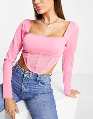 ASYOU long sleeve corset top with mesh in pink - ASOS Price Checker