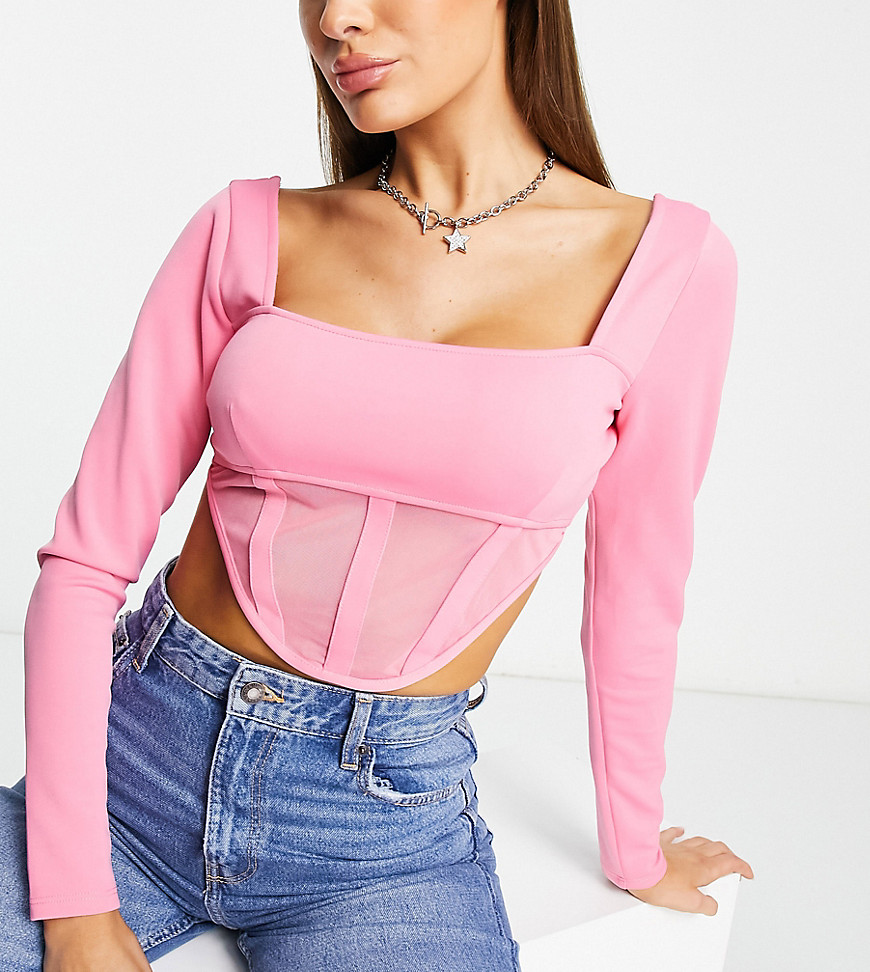 long sleeve corset top with mesh in pink
