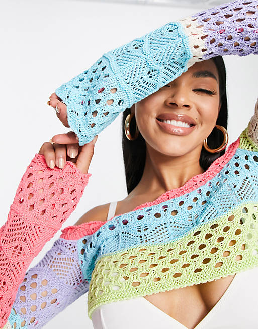 ASYOU long sleeve crochet crop top in multi - part of a set