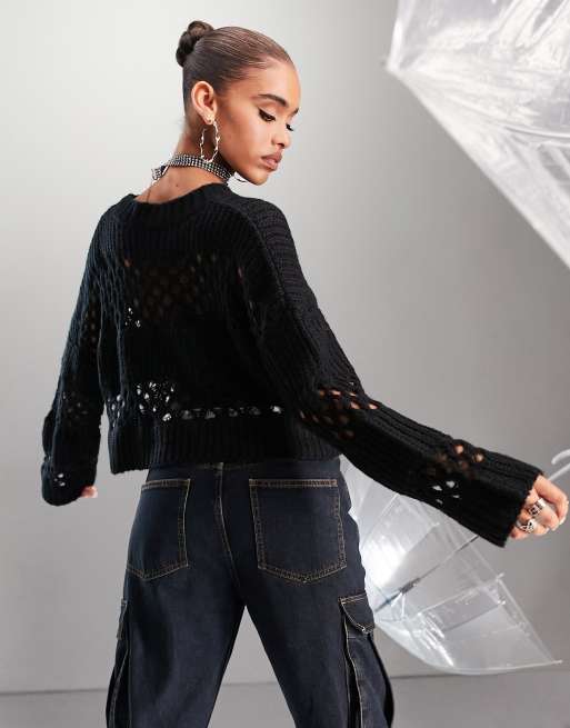 Black crochet knit jumper store