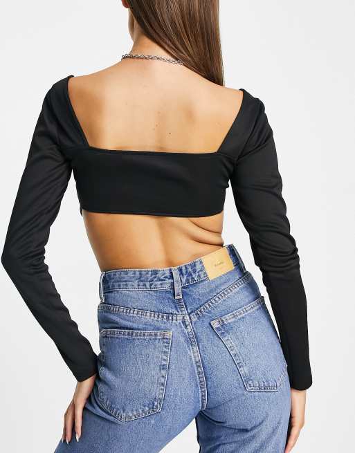 ASOS DESIGN Petite long sleeve crop top with mesh corset detail in white