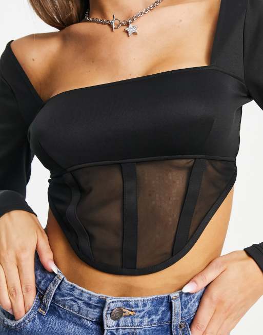 Black Plus Square Neck Long Sleeve Corset Top