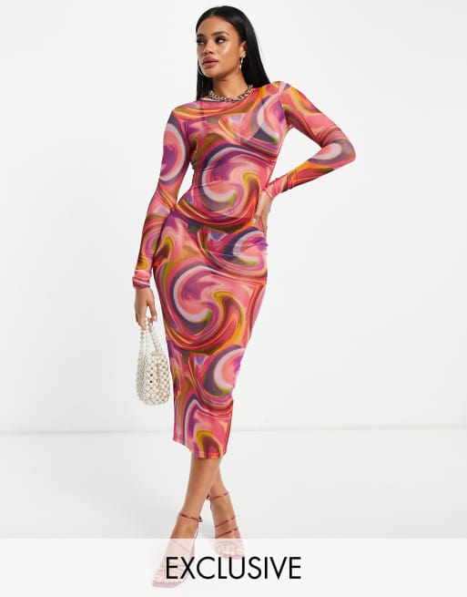 Long Sleeve Mesh Midi Dress In Multi Tie Dye | SilkFred US