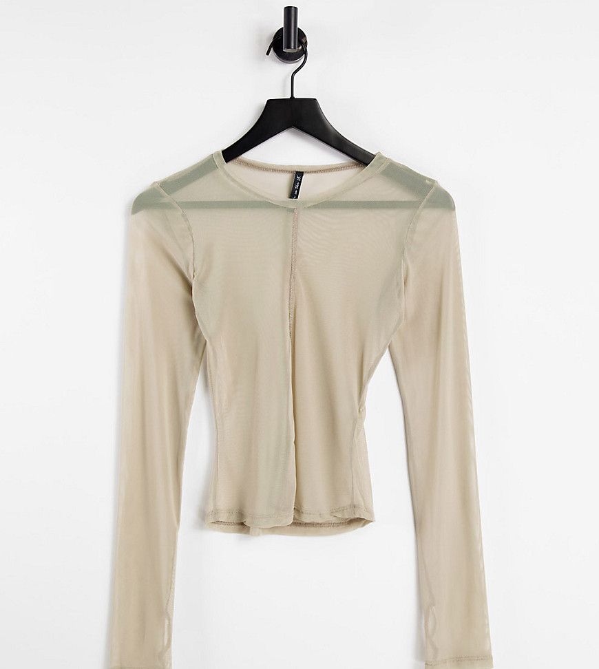 ASYOU long sleeve mesh seamed t-shirt in taupe-Neutral