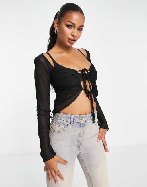 Women's Mesh Sheer Tie Up Open Front Long Sleeve Crop Top T Shirt