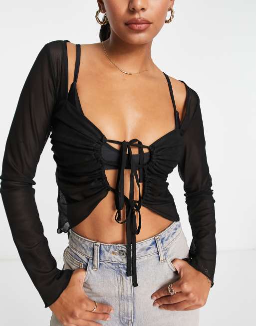 ASYOU long sleeve mesh tie front top in black