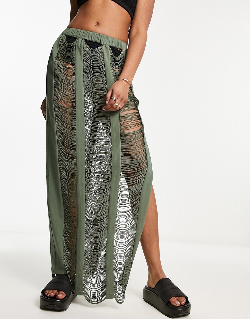 low rise side split ladder maxi skirt in khaki-Green