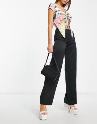 ASYOU low waist wide leg satin pants in black