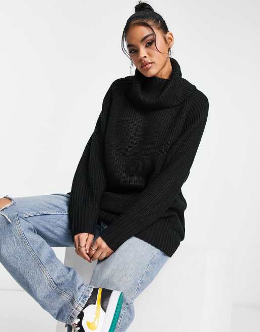 ASYOU - Maglione con collo alto in maglia nera aperto dietro