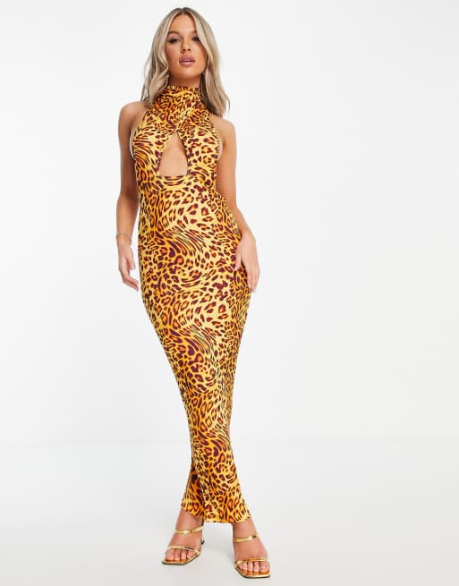 ASYOU - Maxi-jurk met halternek, gekruiste voorkant en uitsnijding in luipaardprint