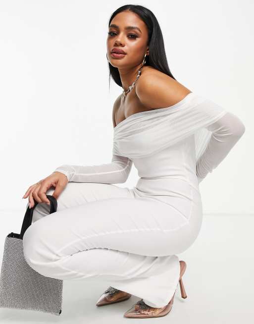 Ruched mesh 2025 bardot jumpsuit