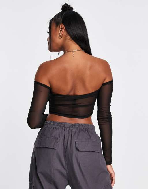 Ruched detail bardot best sale long sleeve crop top