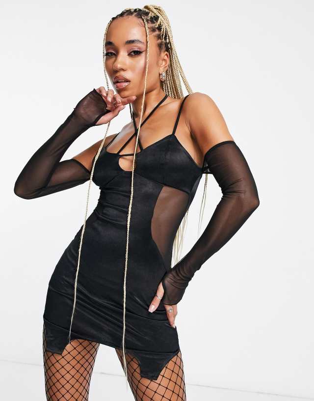 ASYOU mesh insert strap detail mini dress in black