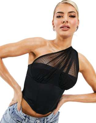 ASYOU mesh one shoulder corset top in black, Compare